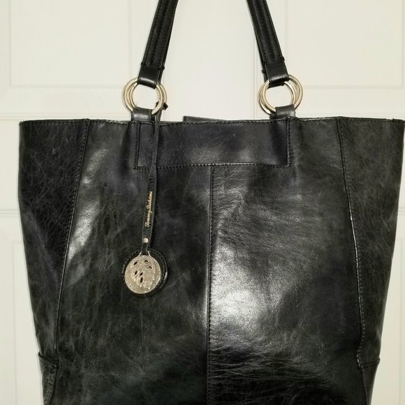 Tommy Bahama Genuine Black Leather Shoulder Tote Bag Purse - Picture 1 of 4